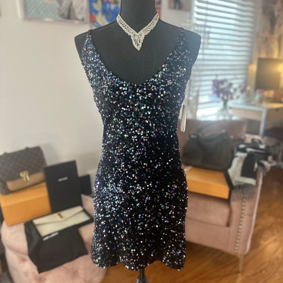 NWT BP Womens Sheath Dress Purple Midi Stretch V Neck Spaghetti Strap Sequin XS - Picture 1 of 6